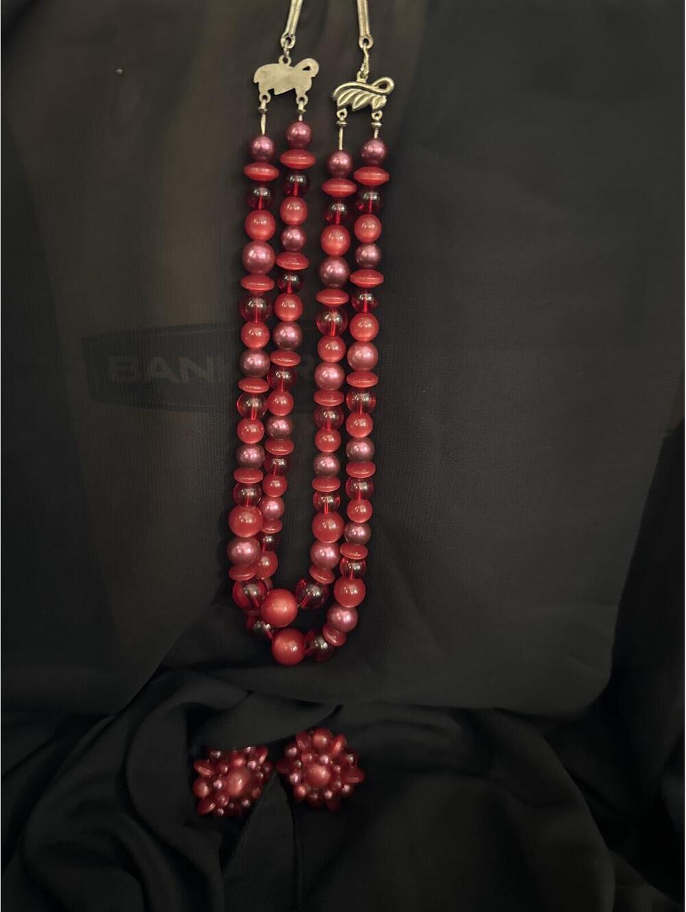Vintage Red Beaded Necklace and Clip-On Earrings Set